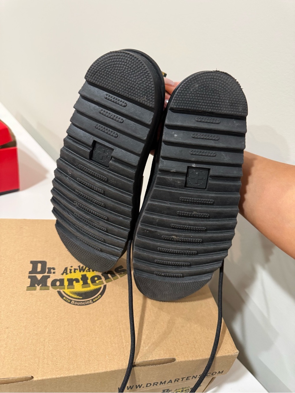 Dr. Martens Black Leather Platform Sandals with Yellow Stitching - Picture 5 of 7